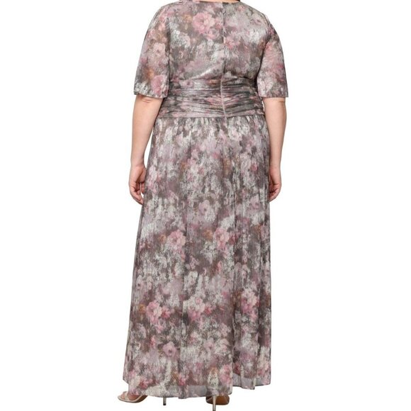 SL Fashions Womens Plus Printed Metallic Surplice Long Dress Taupe Size 20W NWT - Picture 2 of 5